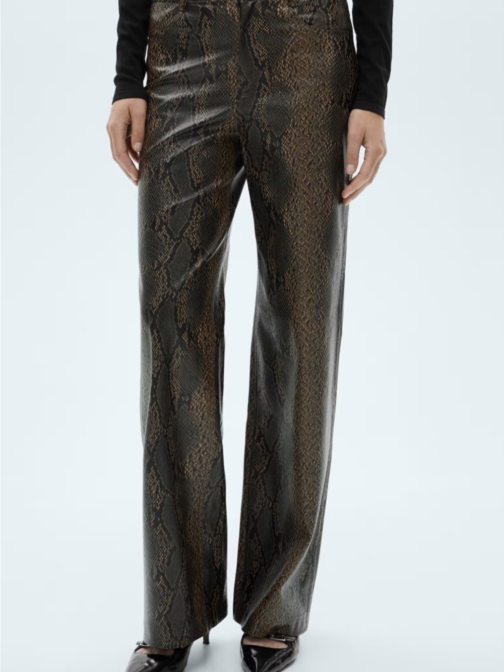 Mango Black Off-Shoulder Top with Brown Snake-Print Pants